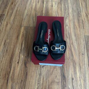 Salvatore Ferragamo Lampio Black Nero Lamb Slip On Slides Sandals Size6.5